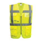 A high-visibility yellow vest featuring retroreflective tape panels, suitable for a wide range of outdoor and site work applications.