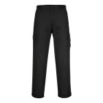 A pair of black work trousers designed for use on construction sites and in industrial work environments.,
