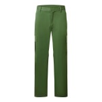 A pair of green work trousers designed for use on construction sites and in industrial work environments.,