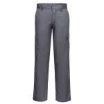 A pair of grey work trousers designed for use on construction sites and in industrial work environments.,