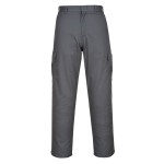 A pair of grey work trousers designed for use on construction sites and in industrial work environments.,