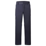 A pair of navy blue work trousers designed for use on construction sites and in industrial work environments.,