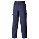 A pair of navy blue work trousers designed for use on construction sites and in industrial work environments.,
