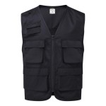 A black safety vest designed for use on construction sites and in industrial work environments.,