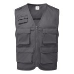 A grey safety vest designed for use on construction sites and in industrial work environments.,