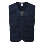 A navy blue safety vest designed for use on construction sites and in industrial work environments.,