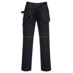 A pair of black work trousers designed for use on construction sites and in industrial work environments.,
