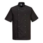 A black jacket designed for use on construction sites and in industrial work environments.,