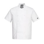 A white jacket designed for use on construction sites and in industrial work environments.,