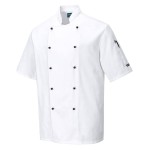 A white jacket designed for use on construction sites and in industrial work environments.,
