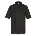 A black jacket designed for use on construction sites and in industrial work environments.,
