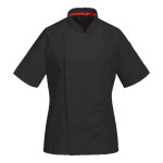 A women's black jacket designed for use on construction sites and in industrial work environments.,