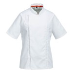 A women's white jacket designed for use on construction sites and in industrial work environments.,