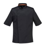 A black jacket designed for use on construction sites and in industrial work environments.,