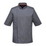 A grey jacket designed for use on construction sites and in industrial work environments.,