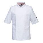 A white jacket designed for use on construction sites and in industrial work environments.,
