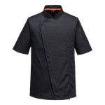A black jacket designed for use on construction sites and in industrial work environments.,