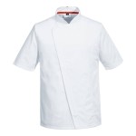 A white jacket designed for use on construction sites and in industrial work environments.,