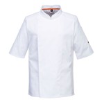 A white jacket featuring stretch panels for ease of movement, suitable for a wide range of outdoor and site work applications.