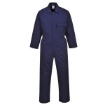 A navy blue coverall designed for use on construction sites and in industrial work environments.,