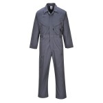 A grey coverall featuring a full-length zip front, suitable for a wide range of outdoor and site work applications.