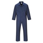 A navy blue coverall featuring a full-length zip front, suitable for a wide range of outdoor and site work applications.