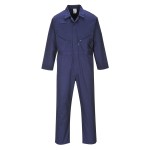 A navy blue coverall featuring a full-length zip front, suitable for a wide range of outdoor and site work applications.