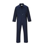 A navy blue coverall featuring a full-length zip front, suitable for a wide range of outdoor and site work applications.