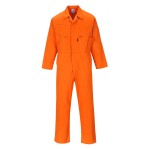 A orange coverall featuring a full-length zip front, suitable for a wide range of outdoor and site work applications.