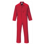 A red coverall featuring a full-length zip front, suitable for a wide range of outdoor and site work applications.