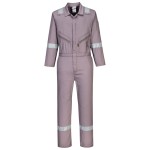 A grey coverall designed for use on construction sites and in industrial work environments.,