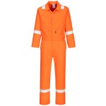 A orange coverall designed for use on construction sites and in industrial work environments.,