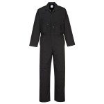 A black coverall featuring knee-pad pockets, suitable for a wide range of outdoor and site work applications.