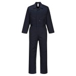 A navy blue coverall featuring knee-pad pockets, suitable for a wide range of outdoor and site work applications.