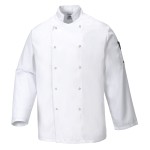 A white jacket designed for use on construction sites and in industrial work environments.,