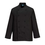 A black jacket designed for use on construction sites and in industrial work environments.,