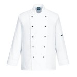 A white jacket designed for use on construction sites and in industrial work environments.,