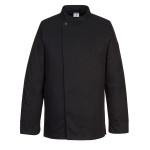 A black jacket designed for use on construction sites and in industrial work environments.,