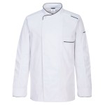A white jacket designed for use on construction sites and in industrial work environments.,