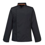 A black jacket designed for use on construction sites and in industrial work environments.,