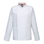 A white jacket designed for use on construction sites and in industrial work environments.,