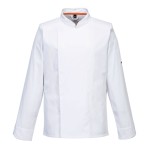 A white jacket featuring stretch panels for ease of movement, suitable for a wide range of outdoor and site work applications.