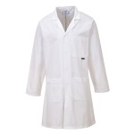 A white jacket designed for use on construction sites and in industrial work environments.,
