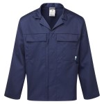 A navy blue jacket designed for use on construction sites and in industrial work environments.,