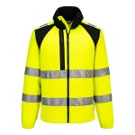 A high-visibility yellow workwear garment featuring retroreflective tape panels, suitable for a wide range of outdoor and site work applications.