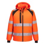 A high-visibility orange softshell jacket featuring retroreflective tape panels, suitable for a wide range of outdoor and site work applications.