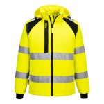 A high-visibility yellow softshell jacket featuring retroreflective tape panels, suitable for a wide range of outdoor and site work applications.