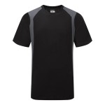 A black work shirt designed for use on construction sites and in industrial work environments.,