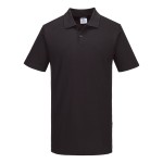 A black polo shirt designed for use on construction sites and in industrial work environments.,