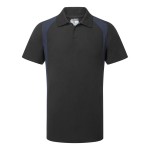 A black polo shirt designed for use on construction sites and in industrial work environments.,